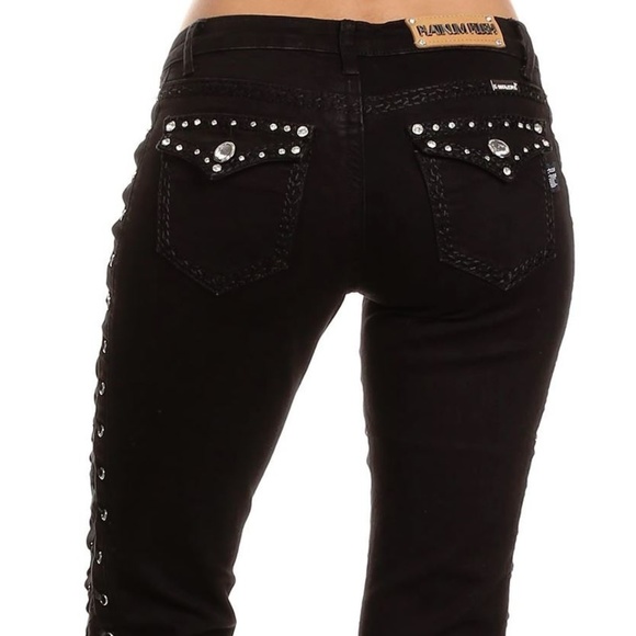 Lace Up Rhinestone Sexy Black Biker Jeans - Picture 3 of 8